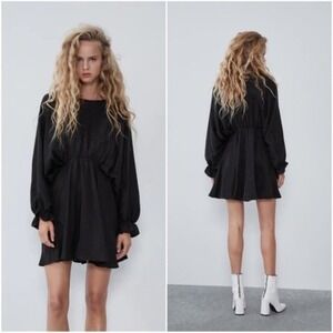 Zara Black Lyocell Dolman Sleeve Mini Dress Elastic Waist Ruffle Cuff Size M